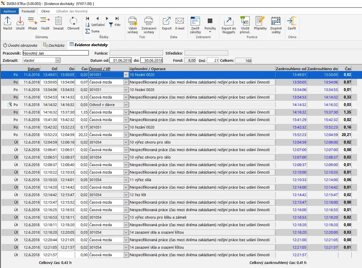formulář pro evidenci docházky