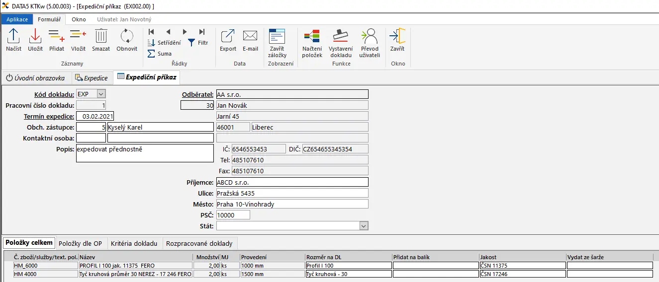 založení expedičního příkazu