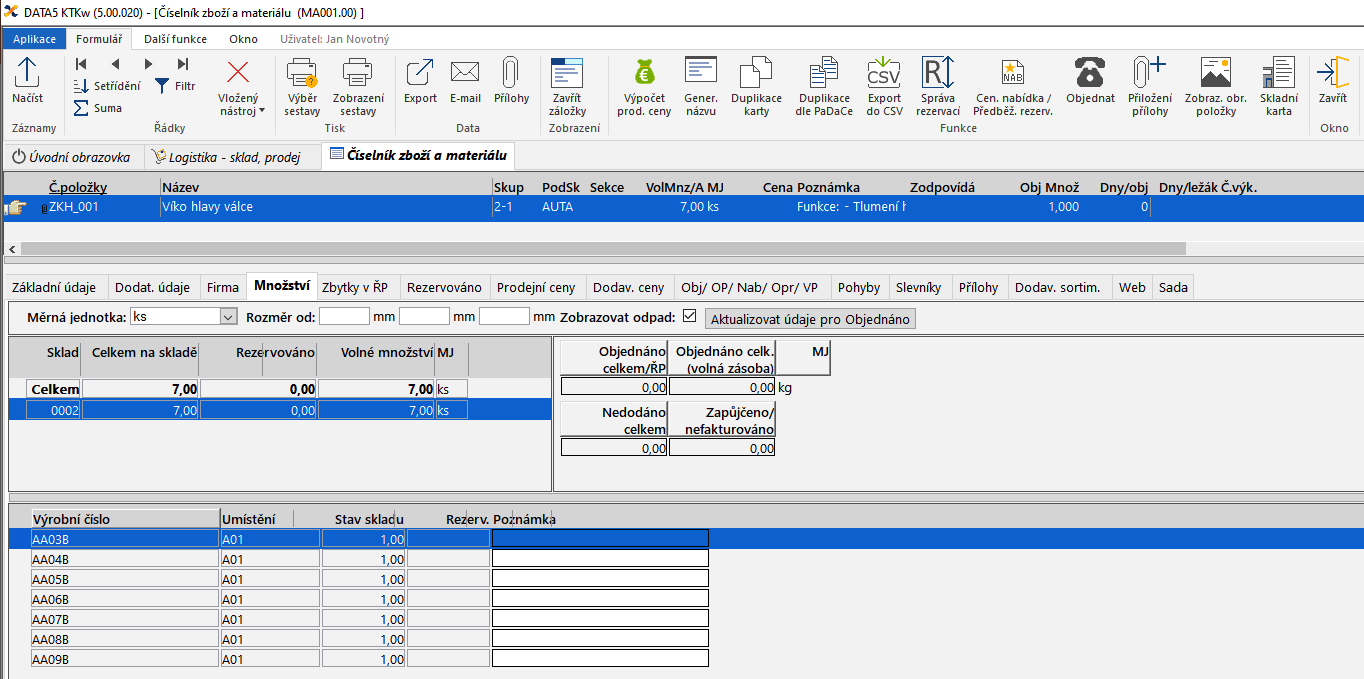 Číselník zboží a materiálu - výrobní čísla