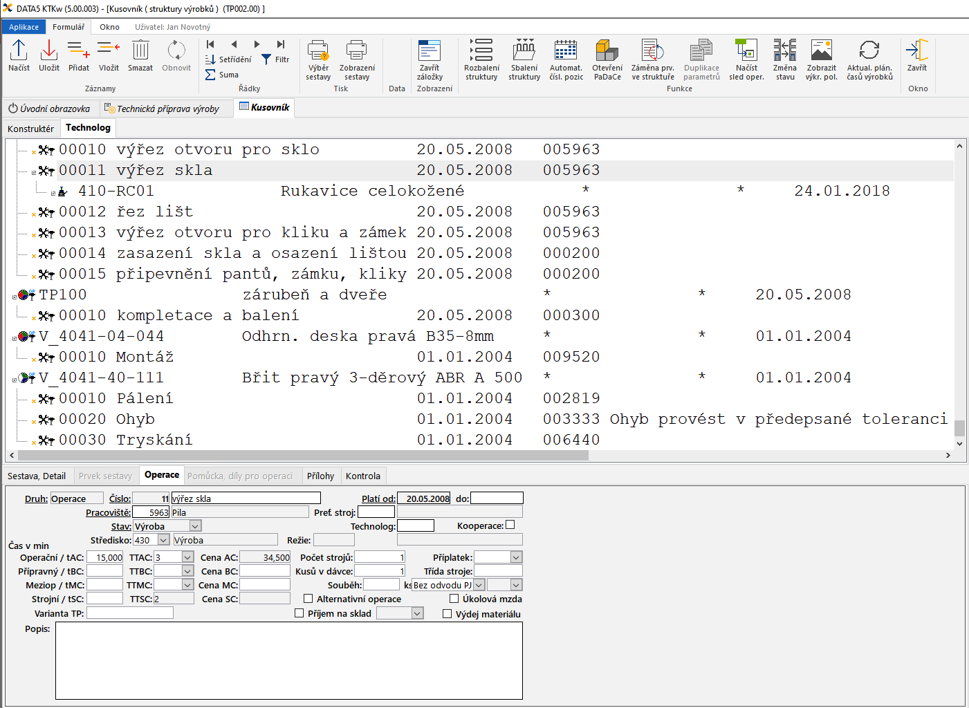 Kusovník - záložka Technolog